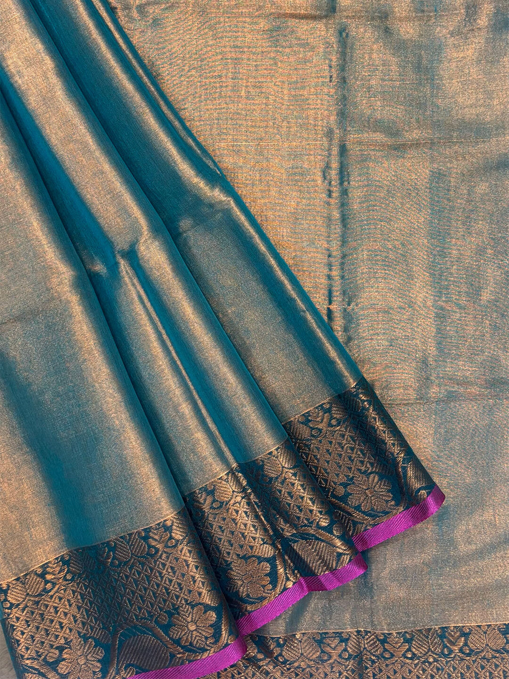 METALLIC BLUE  WITH GOLDEN BORDER SOFT TISSUE SAREE