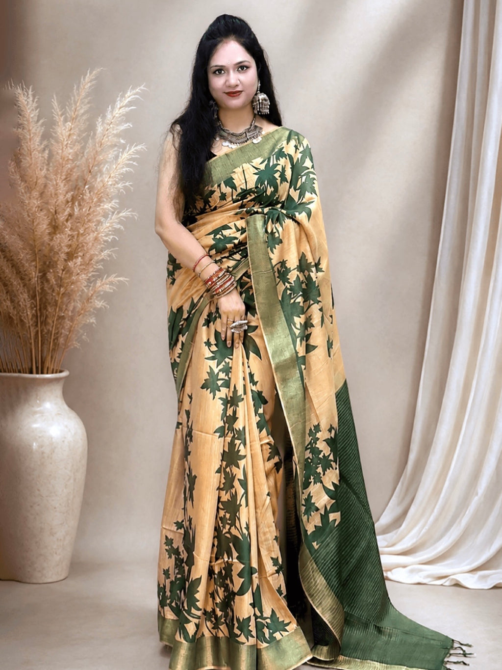 Tussar Ghicha Cotton Saree with Green Floral Motifs & Zari Border