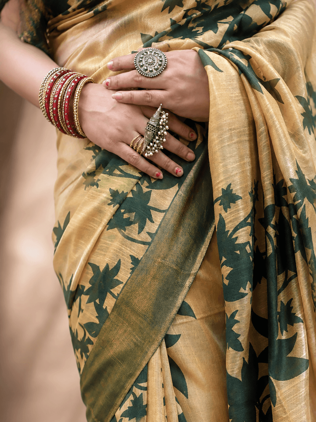 Tussar Ghicha Cotton Saree with Green Floral Motifs & Zari Border