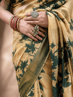 Tussar Ghicha Cotton Saree with Green Floral Motifs & Zari Border