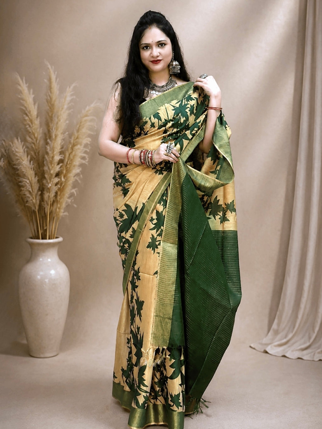 Tussar Ghicha Cotton Saree with Green Floral Motifs & Zari Border