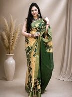 Tussar Ghicha Cotton Saree with Green Floral Motifs & Zari Border