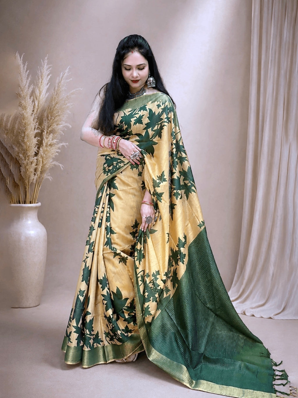 Tussar Ghicha Cotton Saree with Green Floral Motifs & Zari Border