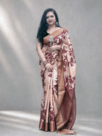 Kasturi Maroon Tussar Ghicha Silk Cotton Saree with Floral Motifs & Zari Border