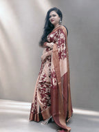 Kasturi Maroon Tussar Ghicha Silk Cotton Saree with Floral Motifs & Zari Border