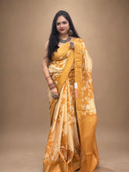 Kasturi Yellow Tussar Ghicha Silk Cotton Saree with Yellow Floral Motifs & Zari Border