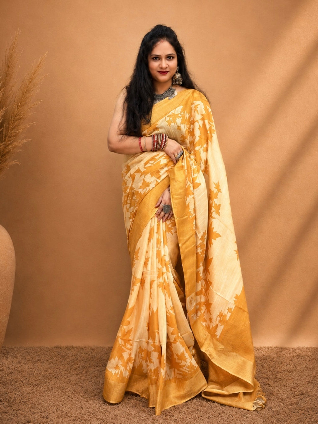 Kasturi Yellow Tussar Ghicha Silk Cotton Saree with Yellow Floral Motifs & Zari Border