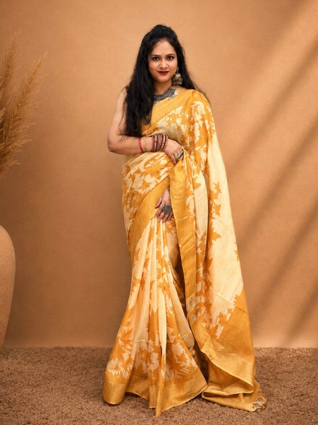 Kasturi Yellow Tussar Ghicha Silk Cotton Saree with Yellow Floral Motifs & Zari Border