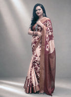 Kasturi Maroon Tussar Ghicha Silk Cotton Saree with Floral Motifs & Zari Border