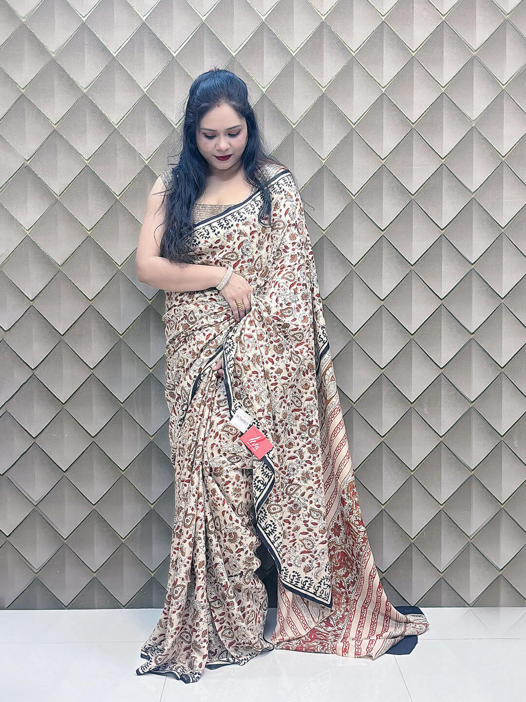 LEHERIKA CREAME BAGRU PRINTED CREPE SILK SAREE