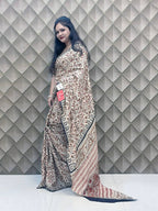 LEHERIKA CREAME BAGRU PRINTED CREPE SILK SAREE