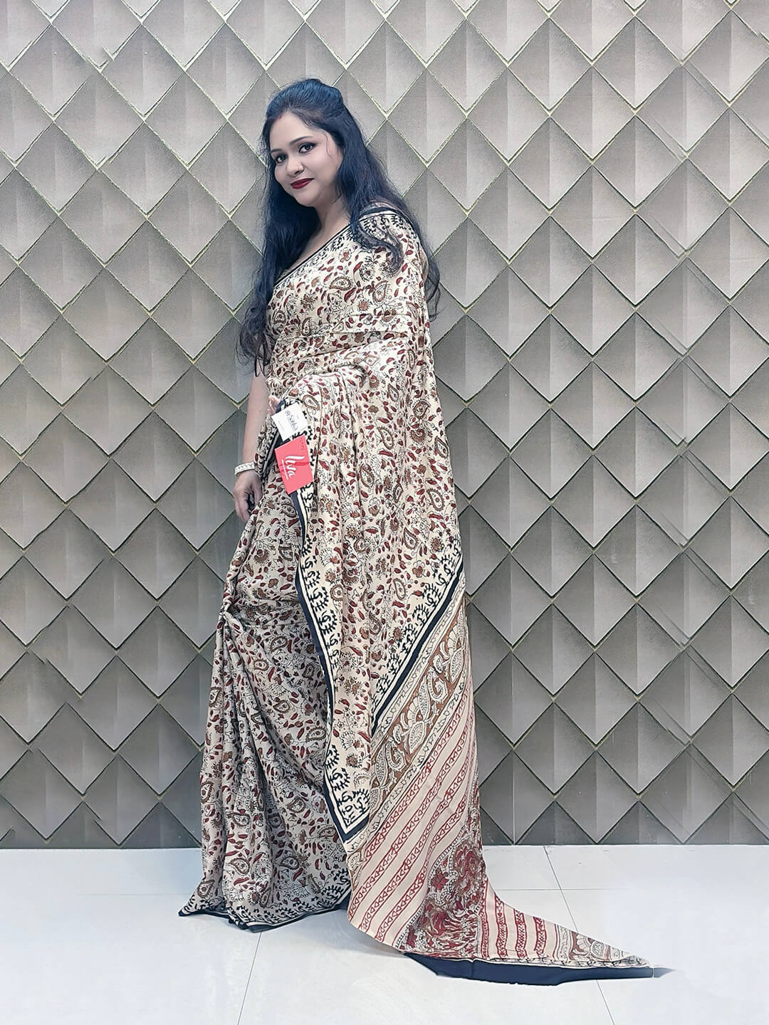 LEHERIKA CREAME BAGRU PRINTED CREPE SILK SAREE