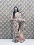 LEHERIKA CREAME BAGRU PRINTED CREPE SILK SAREE