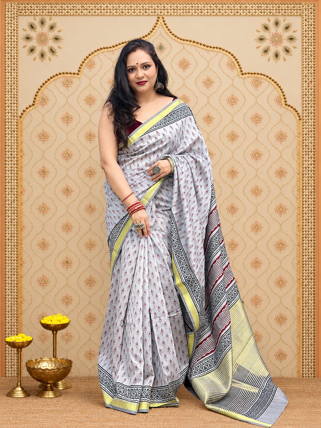 Kavyarekha Pushpa- Grey with black and maroon block printed zari border cotton saree