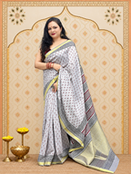Kavyarekha Pushpa- Grey with black and maroon block printed zari border cotton saree