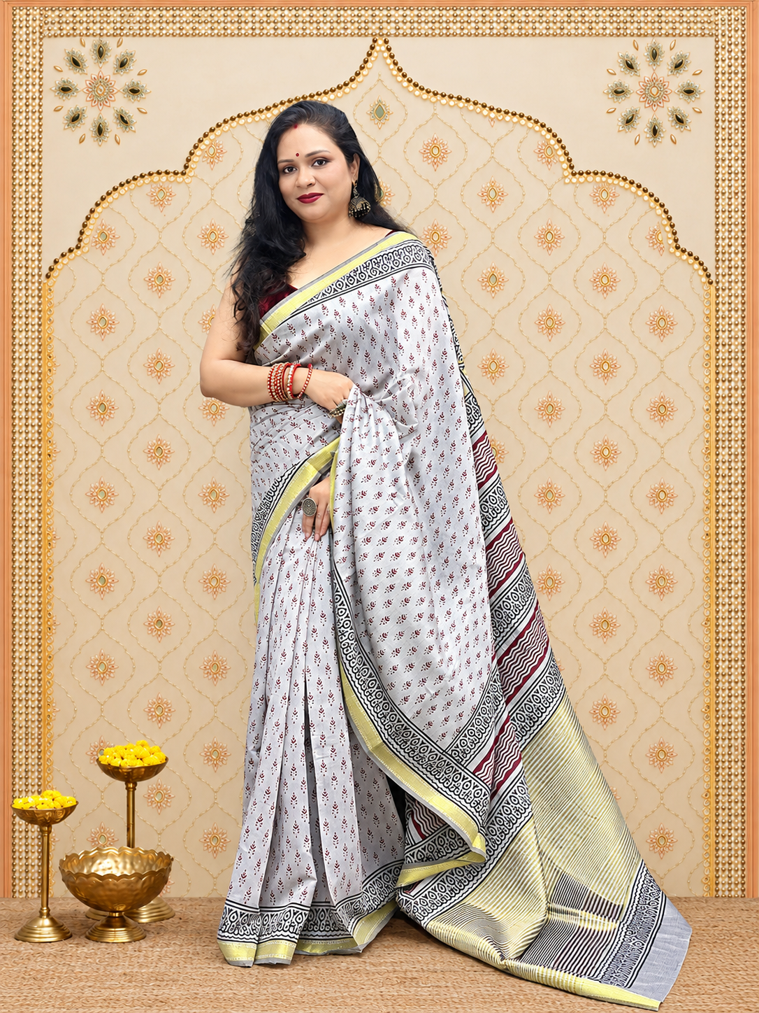 Kavyarekha Pushpa- Grey with black and maroon block printed zari border cotton saree