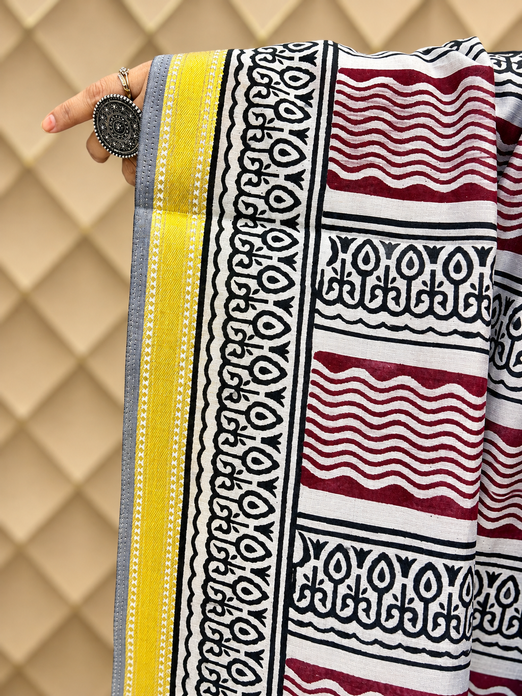 Kavyarekha Pushpa- Grey with black and maroon block printed zari border cotton saree