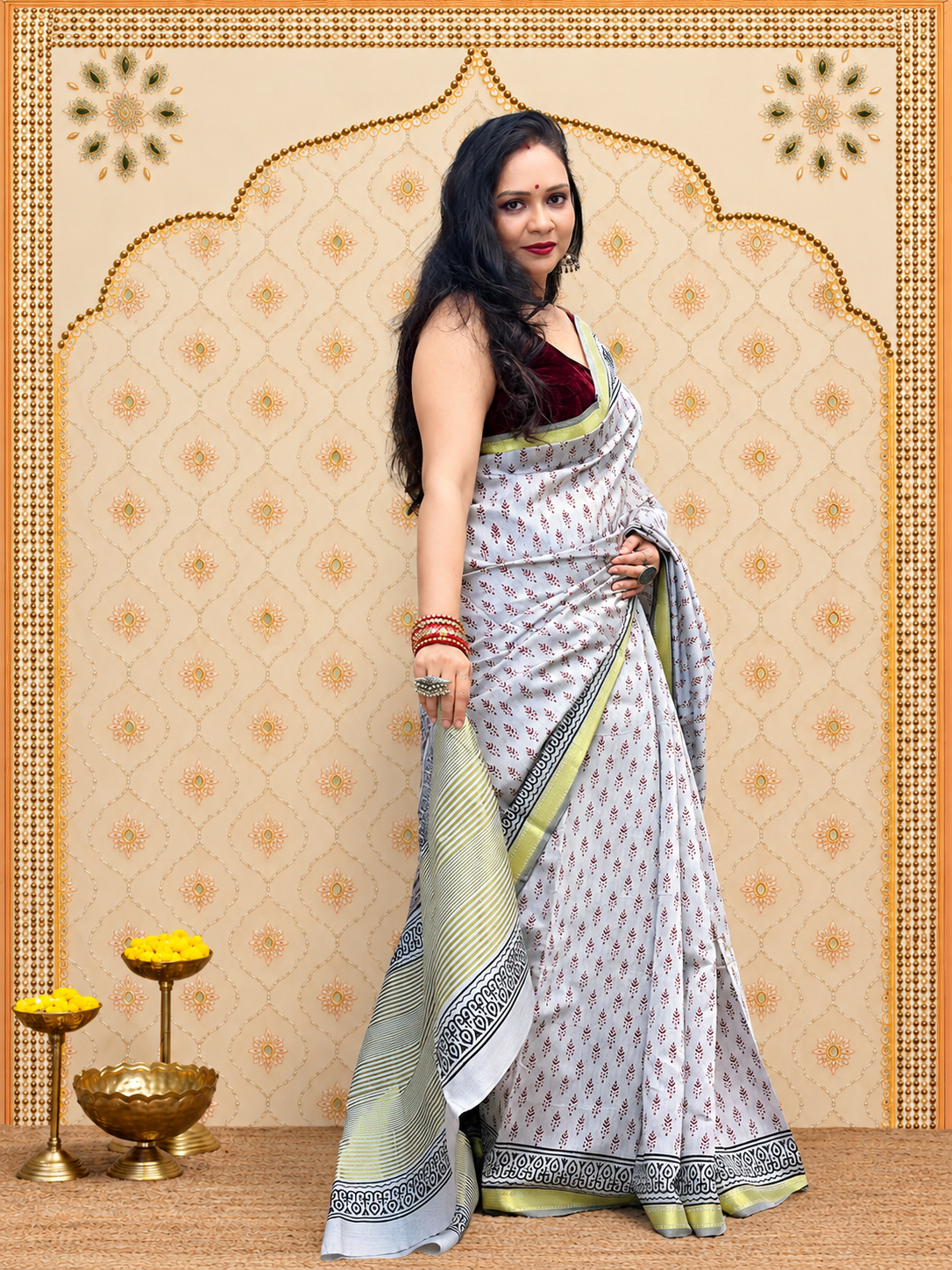 Kavyarekha Pushpa- Grey with black and maroon block printed zari border cotton saree