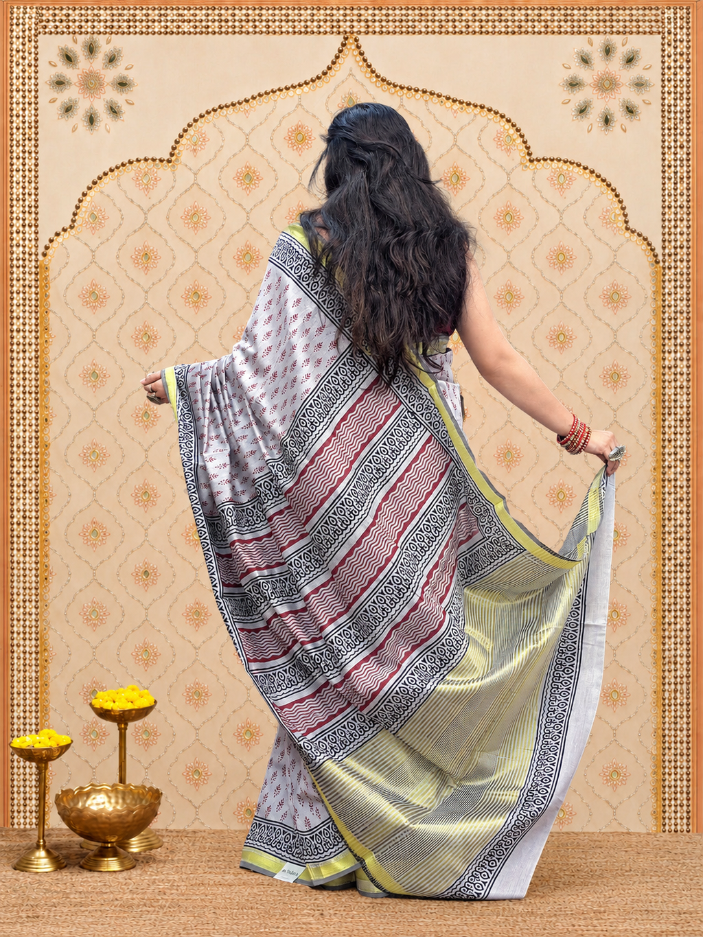 Kavyarekha Pushpa- Grey with black and maroon block printed zari border cotton saree