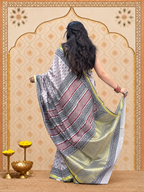 Kavyarekha Pushpa- Grey with black and maroon block printed zari border cotton saree