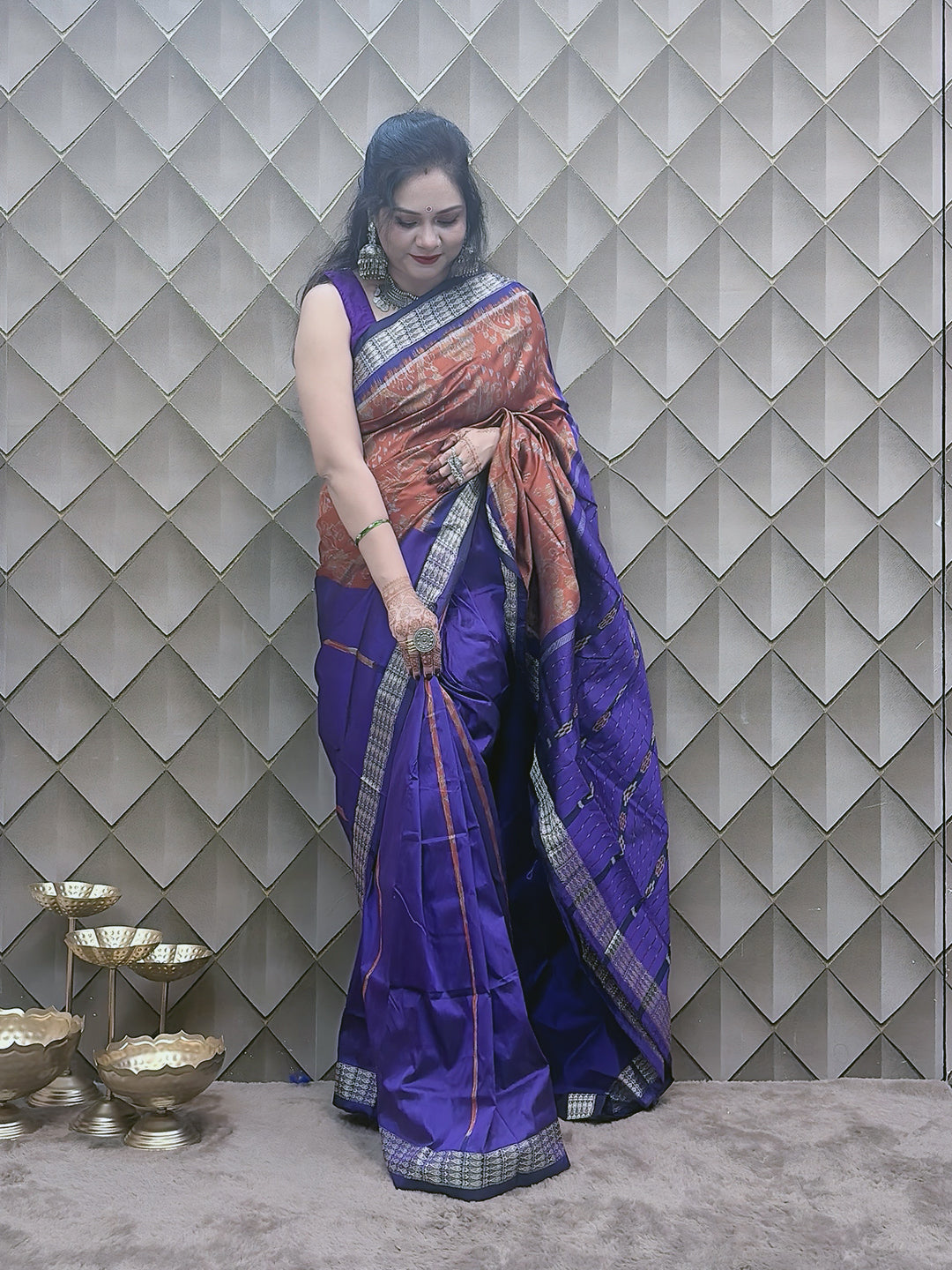 Kesarneel — Saffron & Blue With silver Floral Motif Sambalpuri Silk Saree