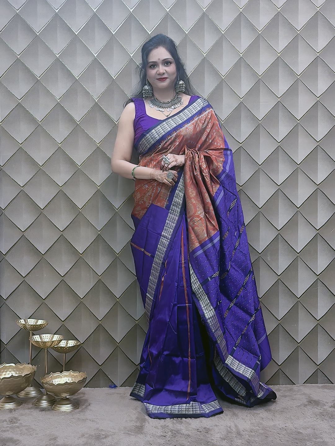 Kesarneel — Saffron & Blue With silver Floral Motif Sambalpuri Silk Saree