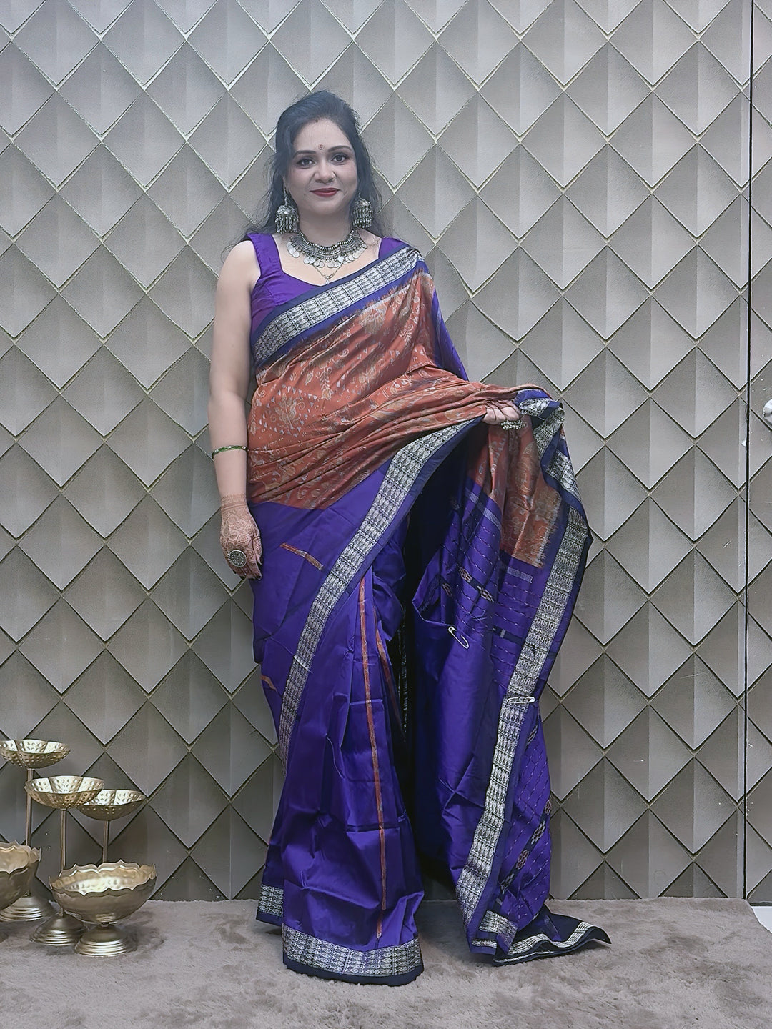 Kesarneel — Saffron & Blue With silver Floral Motif Sambalpuri Silk Saree
