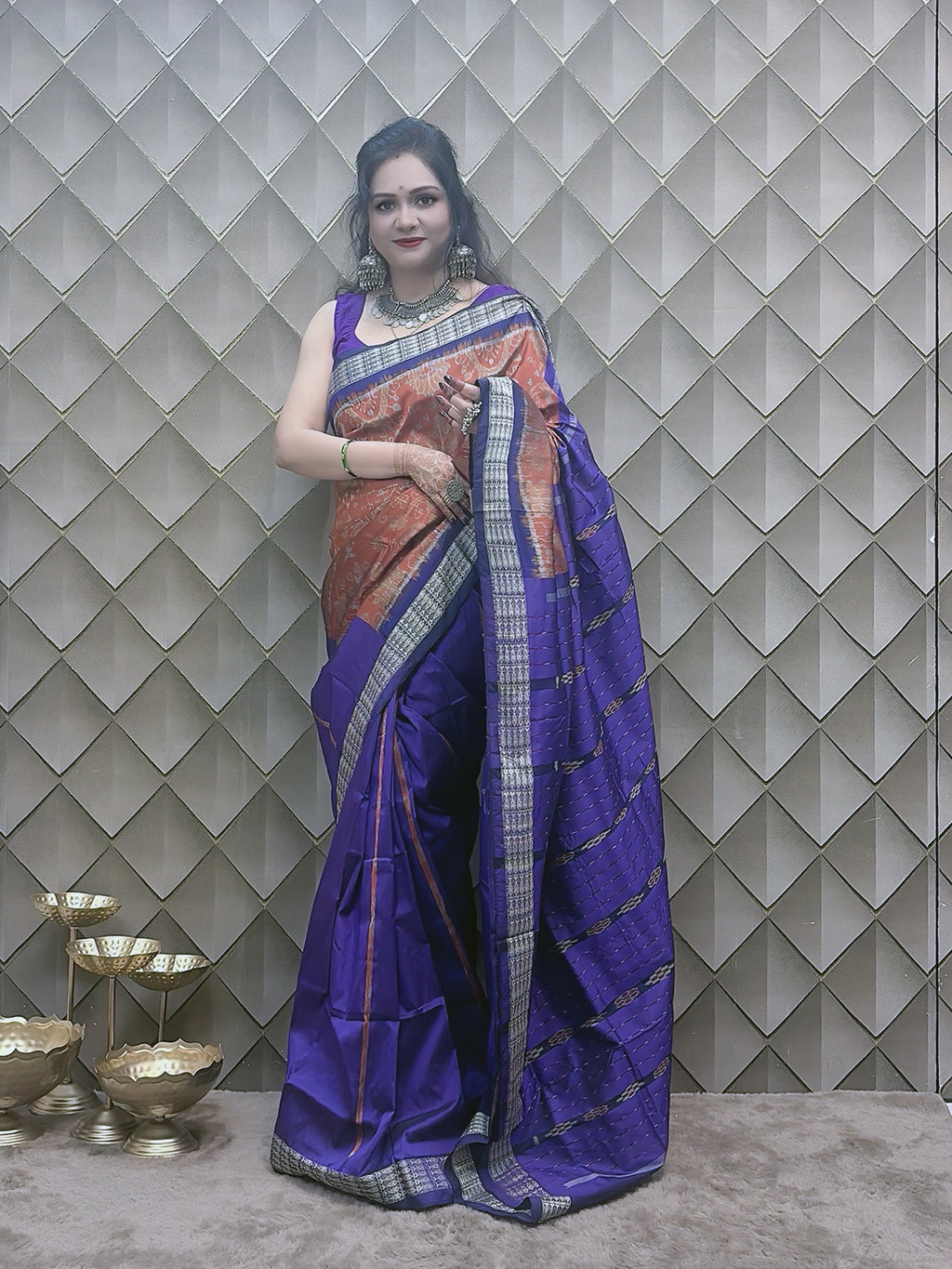 Kesarneel — Saffron & Blue With silver Floral Motif Sambalpuri Silk Saree