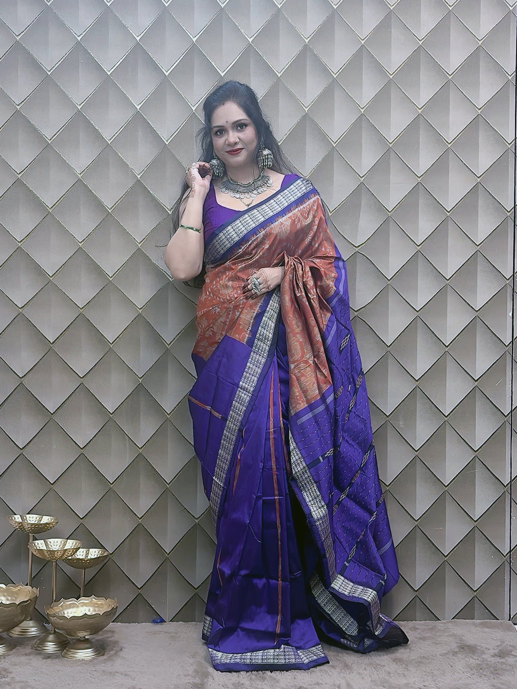 Kesarneel — Saffron & Blue With silver Floral Motif Sambalpuri Silk Saree