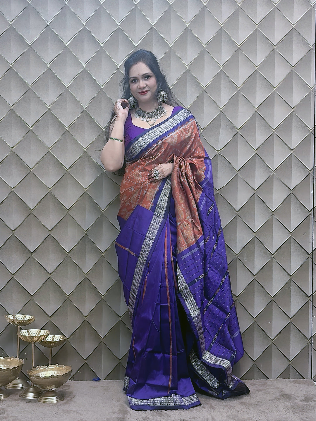 Kesarneel — Saffron & Blue With silver Floral Motif Sambalpuri Silk Saree