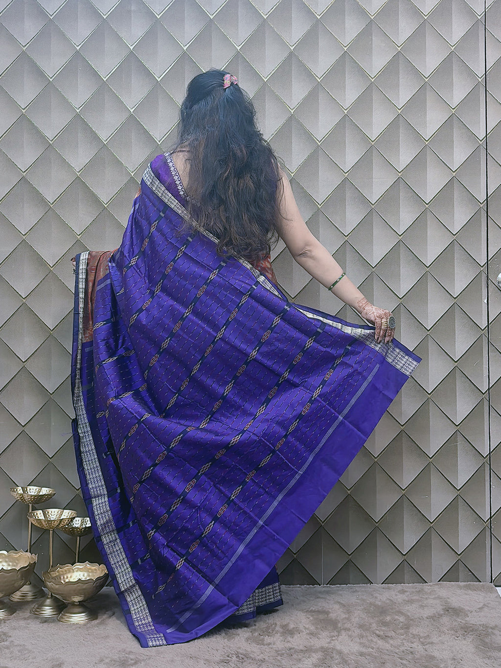 Kesarneel — Saffron & Blue With silver Floral Motif Sambalpuri Silk Saree