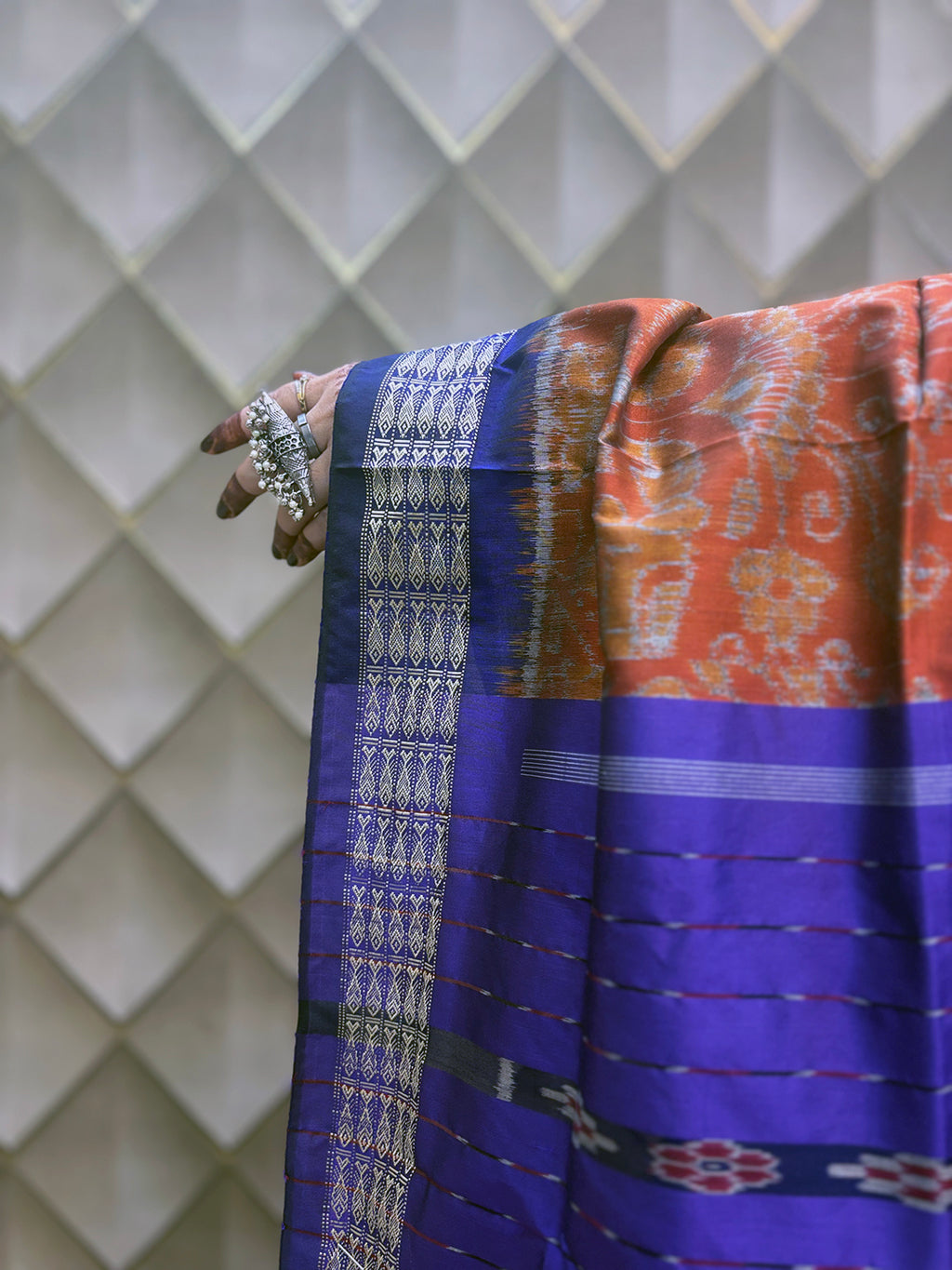 Kesarneel — Saffron & Blue With silver Floral Motif Sambalpuri Silk Saree
