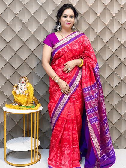 Keshar Pushpa Raspberry Pink Patta Silk Saree with Intricate Motifs & Purple Border