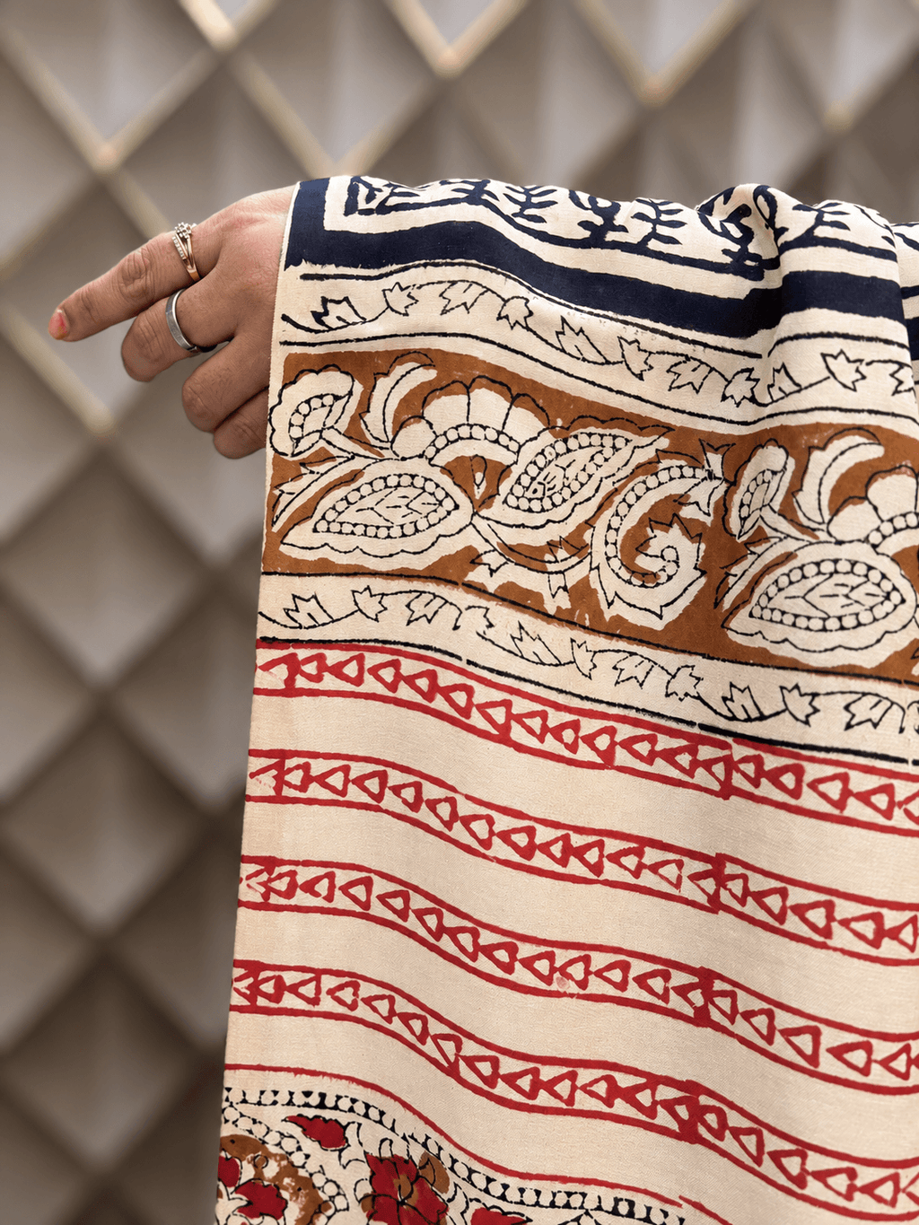 Cream bagru printed crepe saree