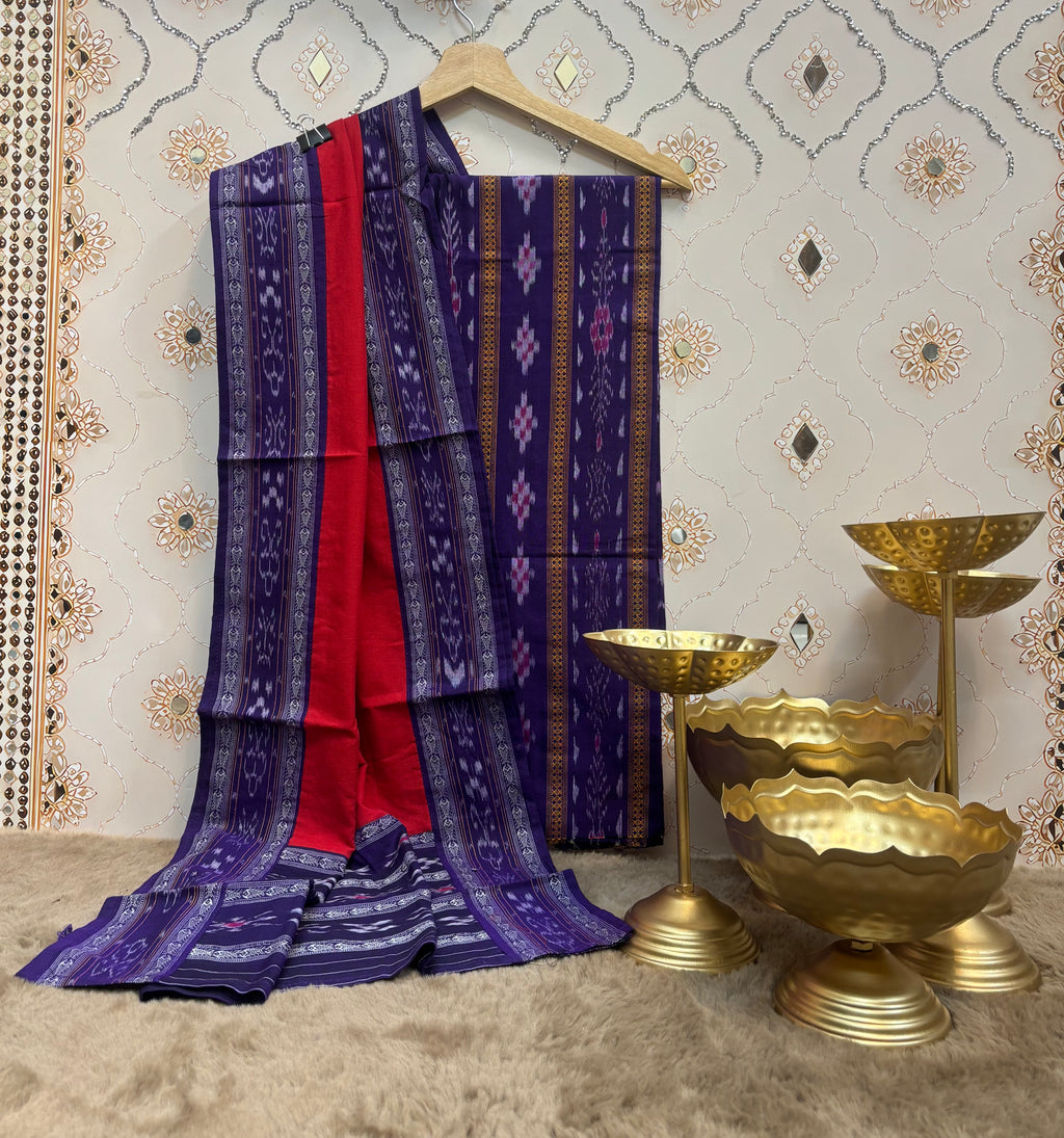 Mayuri:Sambalpuri handwoven unstitched Ikat suit  in deep purple and contrast red.