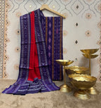 Mayuri:Sambalpuri handwoven unstitched Ikat suit  in deep purple and contrast red.