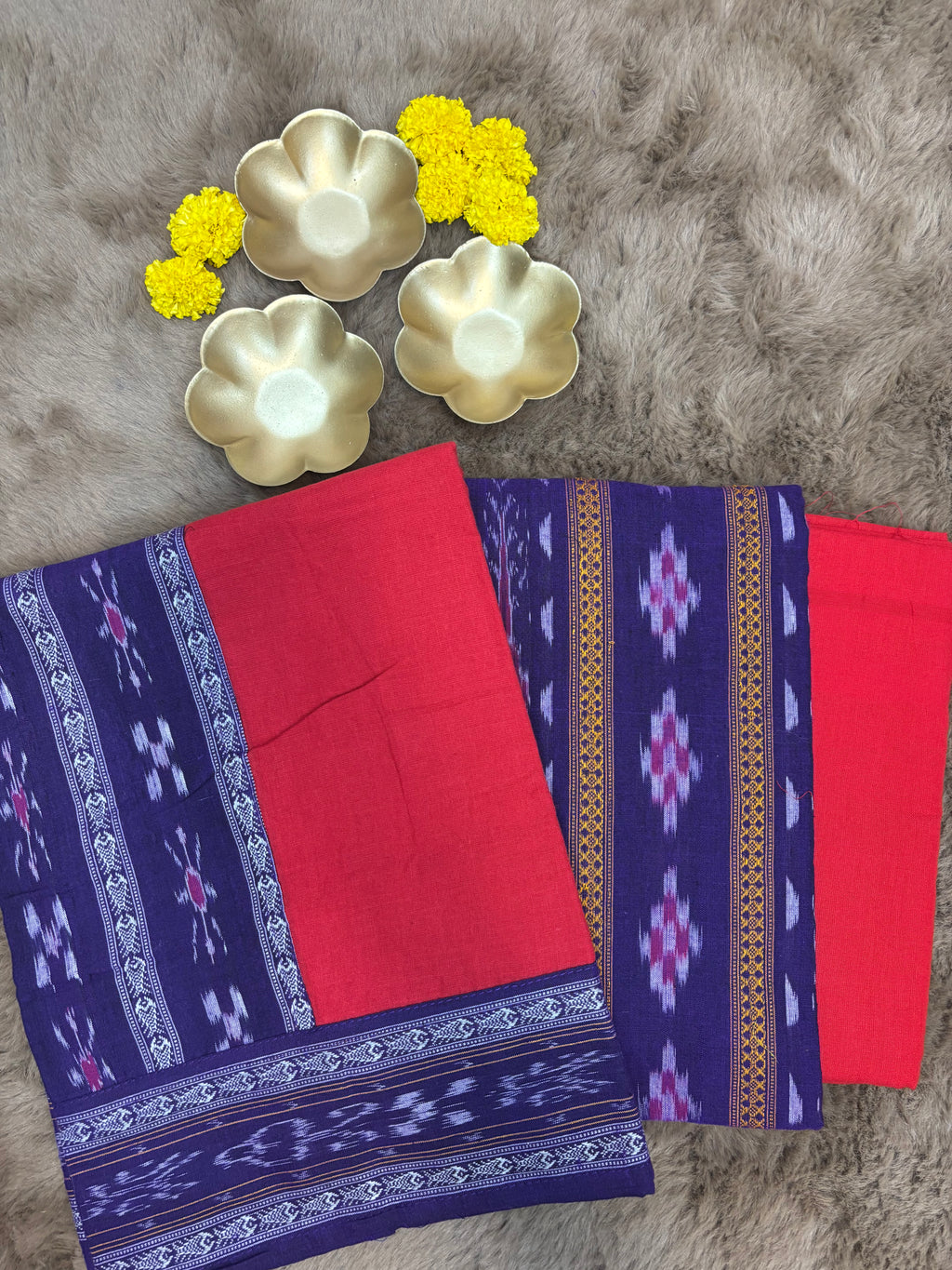 Mayuri:Sambalpuri handwoven unstitched Ikat suit  in deep purple and contrast red.