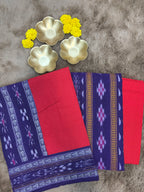 Mayuri:Sambalpuri handwoven unstitched Ikat suit  in deep purple and contrast red.