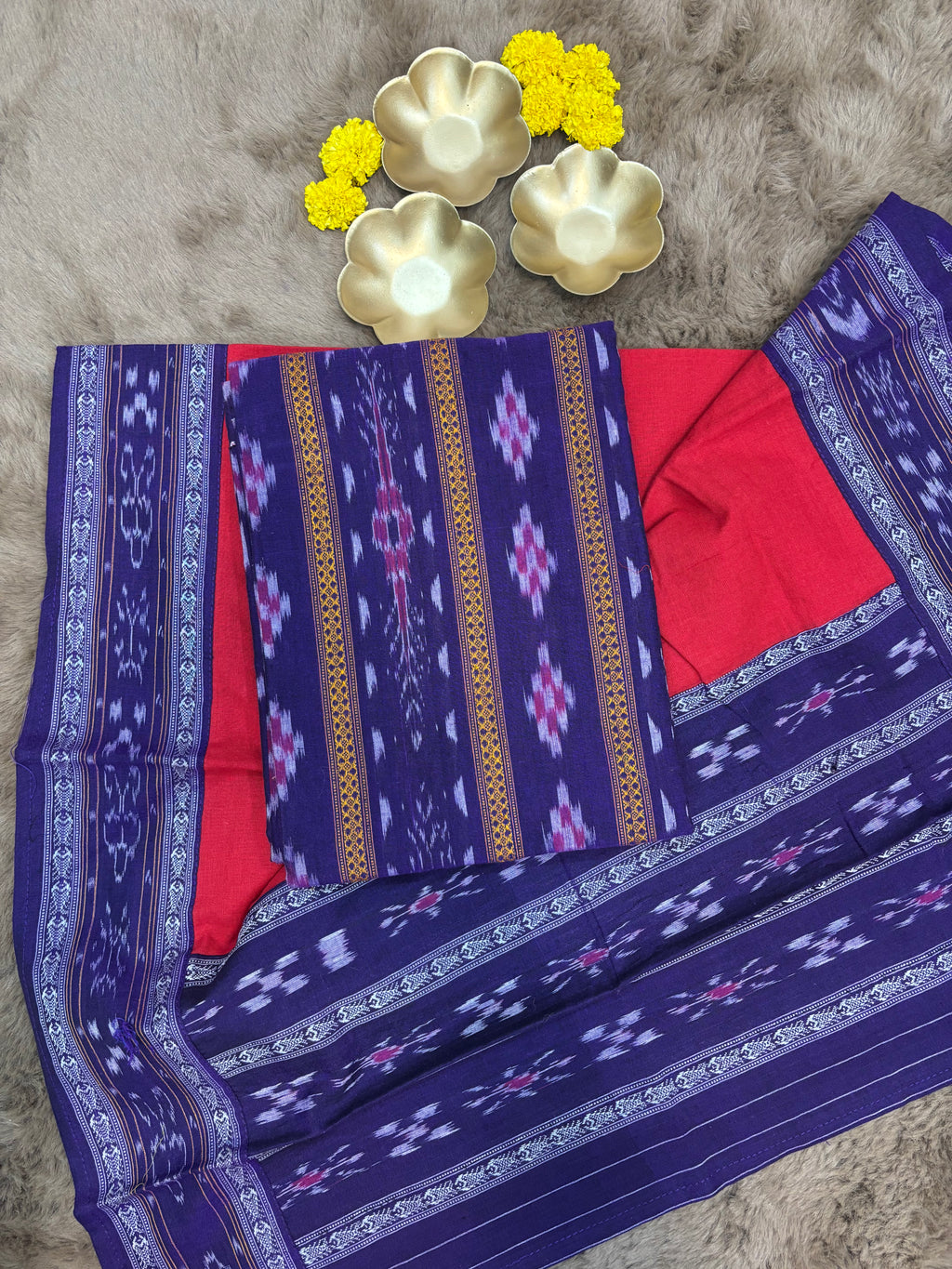 Mayuri:Sambalpuri handwoven unstitched Ikat suit  in deep purple and contrast red.