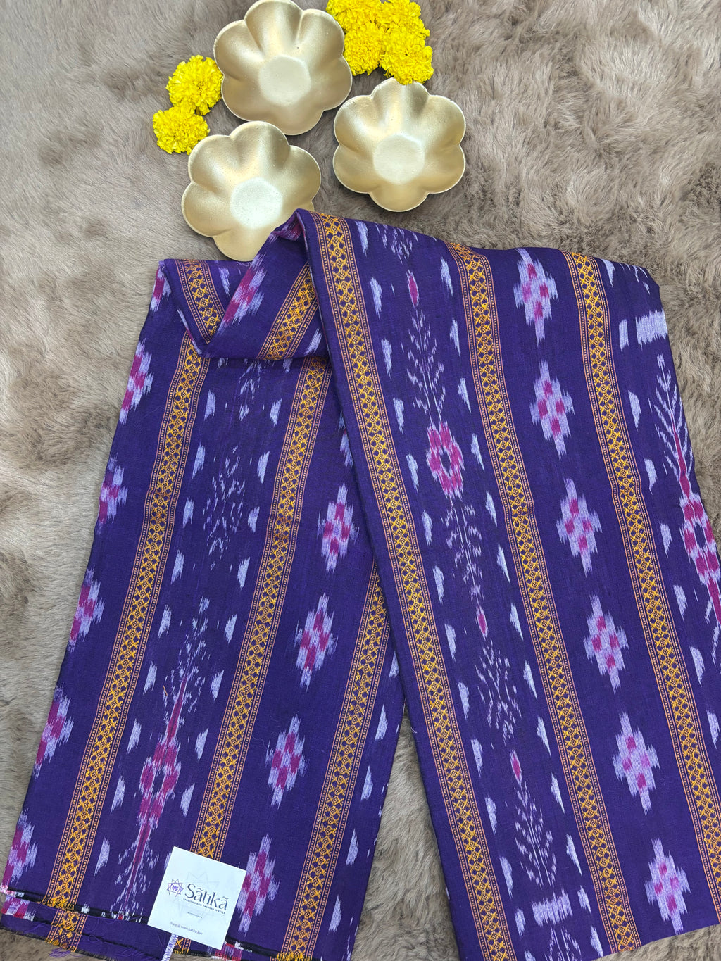 Mayuri:Sambalpuri handwoven unstitched Ikat suit  in deep purple and contrast red.