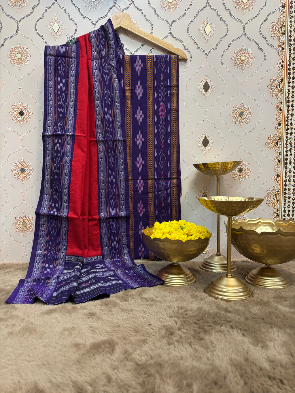 Mayuri:Sambalpuri handwoven unstitched Ikat suit  in deep purple and contrast red.