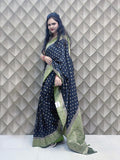 Nisharekha- Black & Green Woven Silk Saree with Heavy Pallu
