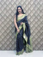 Nisharekha- Black & Green Woven Silk Saree with Heavy Pallu