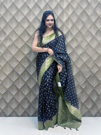 Nisharekha- Black & Green Woven Silk Saree with Heavy Pallu