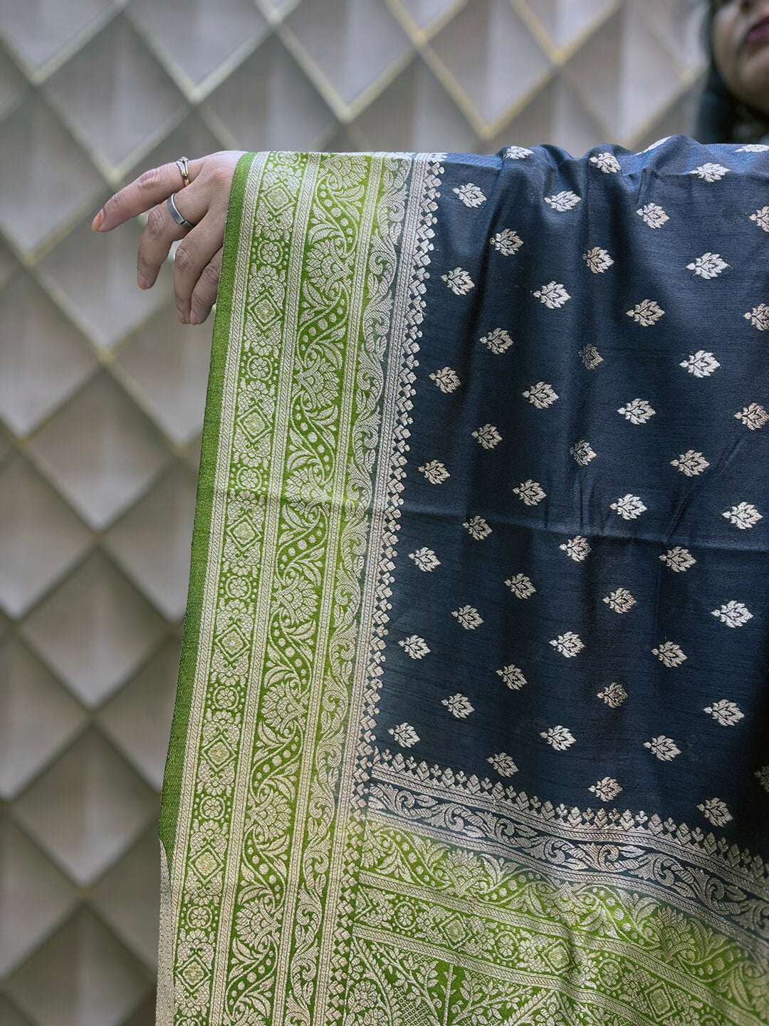 Nisharekha- Black & Green Woven Silk Saree with Heavy Pallu
