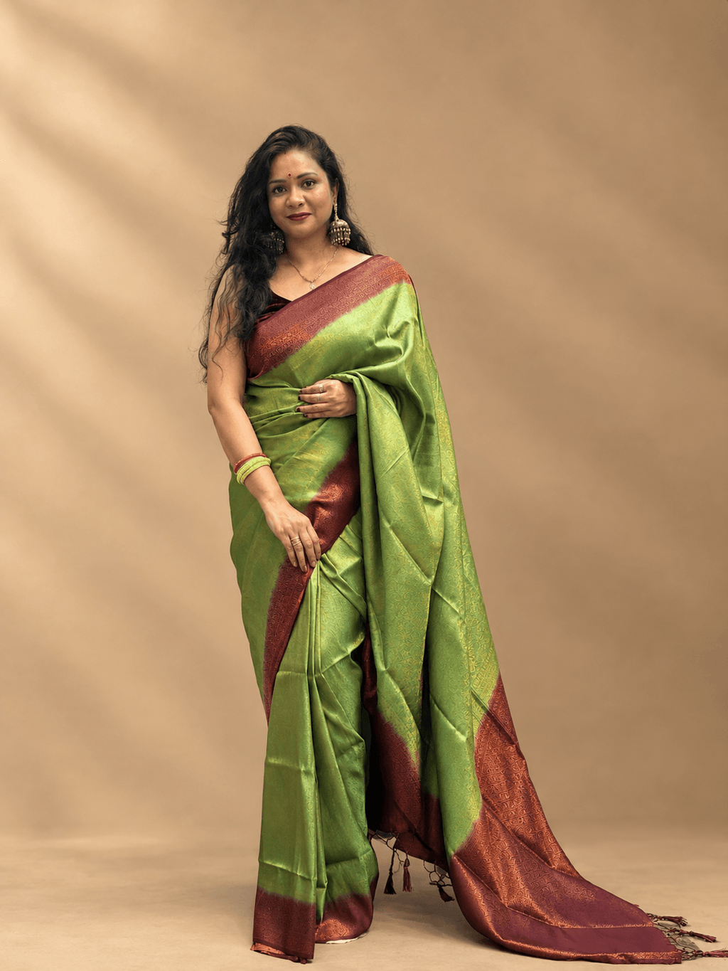 Olive Green and deep purple malavari silk saree