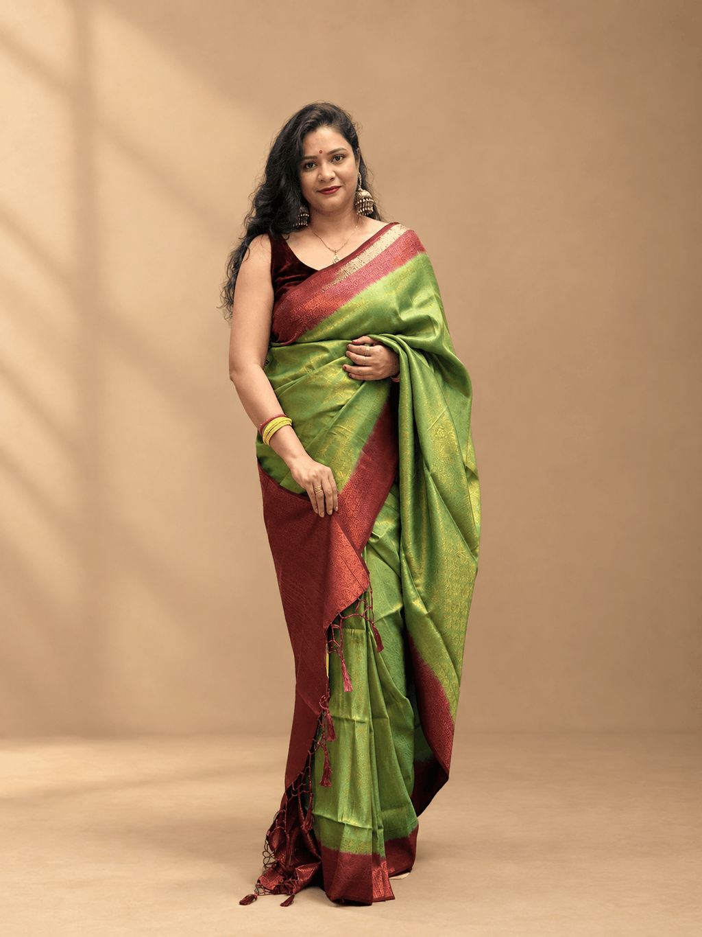 Olive Green and deep purple malavari silk saree