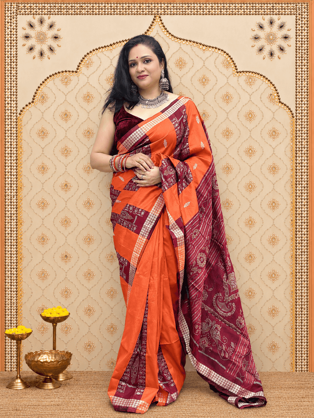 Orange maroon sambalpuri silk