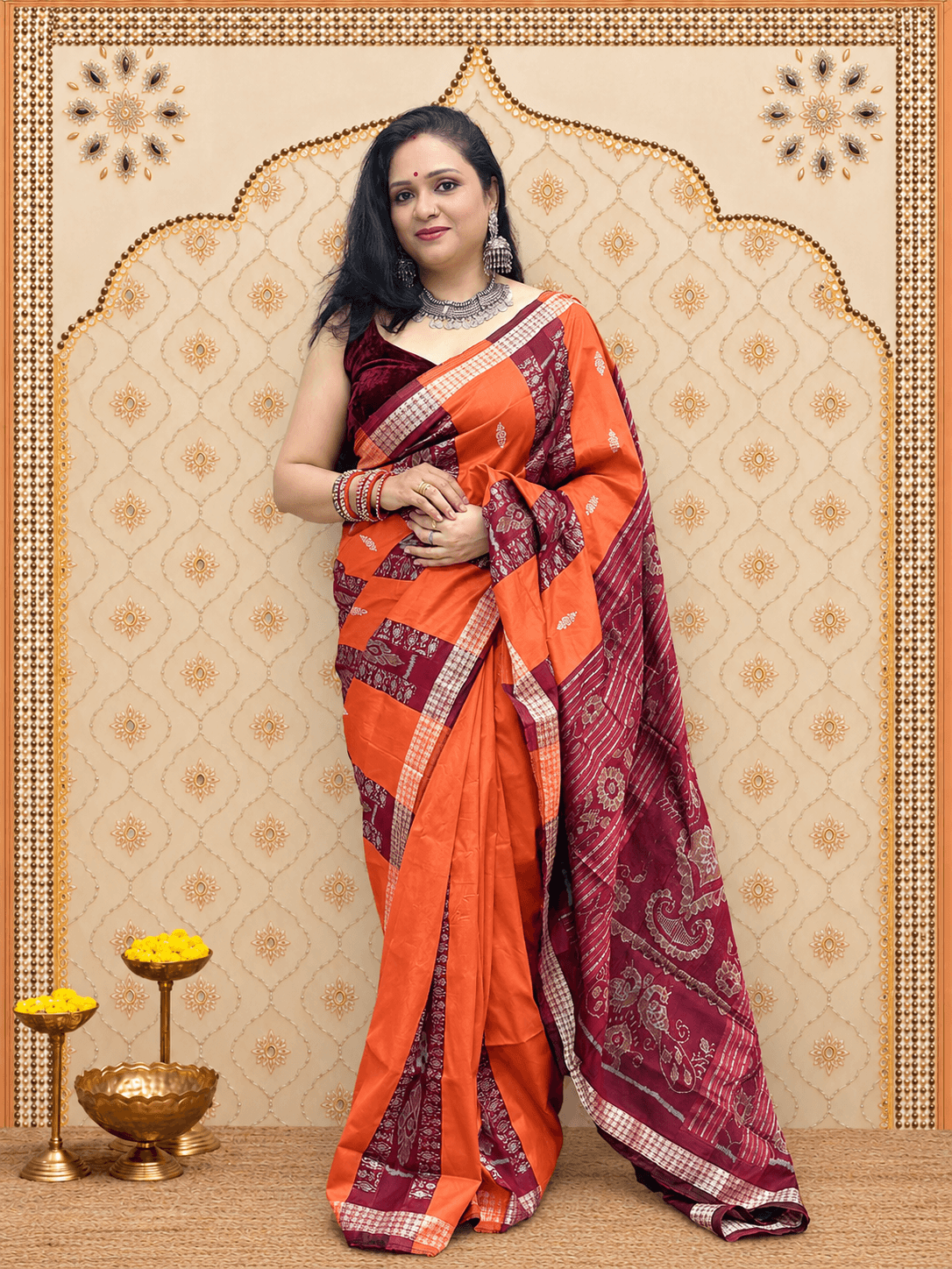 Orange maroon sambalpuri silk