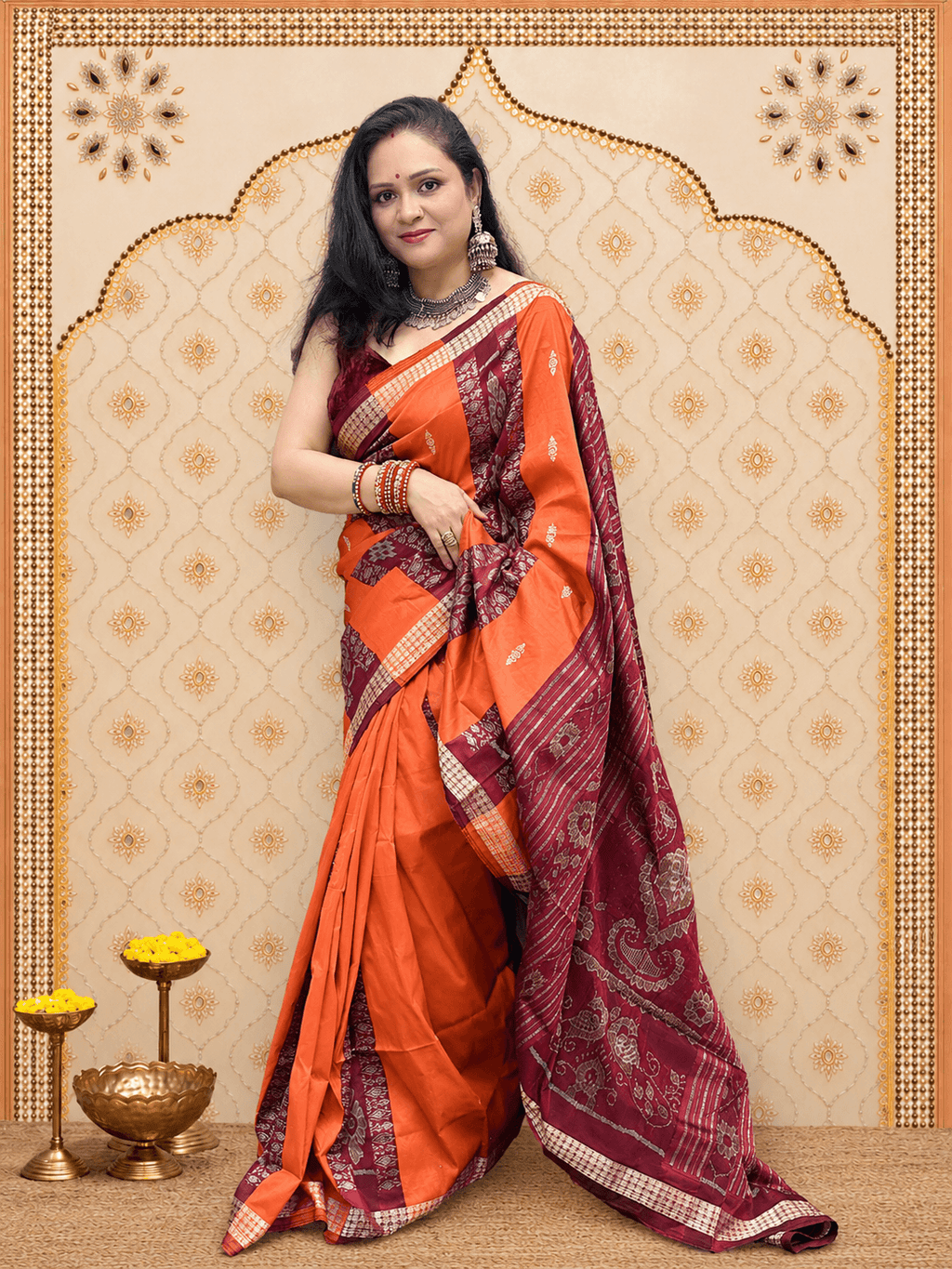 Orange maroon sambalpuri silk